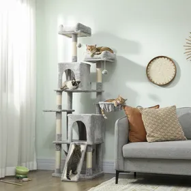 Meilleurs prix pour Arbre à chat tour de jeux pour chat 3 platesformes 2 niches 2 lits 2 hamacs 1 échelle hauteur 177 cm gris clair