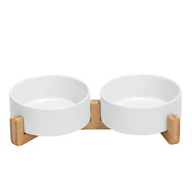 Meilleurs prix pour Gamelle Double en céramique avec Support en Bambou pour Chat et Chien (400ml Blanc)