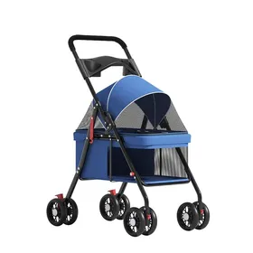Meilleurs prix pour Poussette pour petits chien chat - pliable avec roues avant rotatives à 360°- Réglable - maille confortable porte-gobelet - Bleu