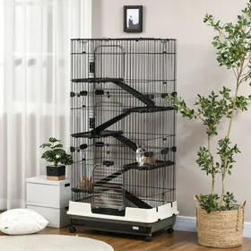 Meilleurs prix pour Cage pour lapin enclos à 5 niveaux avec 3 portes 5 rampes plateau amovible roulettes 81 x 525 x 159 cm noir et gris