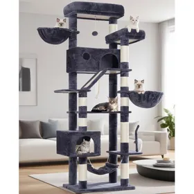 Comparer les prix de Arbre à chat intérieur - JOZSI - Hauteur 200 cm - Gris foncé - 2 niches - 2 hamacs - Griffoir en sisal
