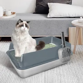 Comparer les prix de B.LIVEM Bac à Litière pour Chat en Acier Inoxydable, XXL, Pour Grands Chats et Chiens, Antiadhésif, Gris, 60×40×30cm