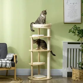 Meilleurs prix pour Arbre à chat griffoir grattoir avec poteaux sisal coussin amovible plateforme peluche et bois hauteur 1235 cm beige