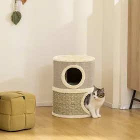 Meilleurs prix pour Tonneau à gratter pour chat arbre à chat sisal naturel et herbiers marins recouvert de peluche 355x355x49cm kaki café
