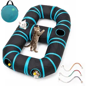 Comparer les prix de Tunnel pour chat pliable - JUYFSHOP - En forme de 8 - Noir à rayures bleues - Pompons suspendus