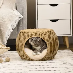 Meilleurs prix pour Niche Panier Résine Tressée Imitation Rotin Coussin Doux Marron Clair Ø 40x30cm pour Chat