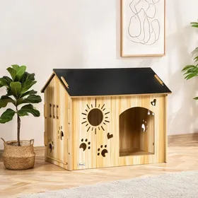 Meilleurs prix pour Niche pour chien en MDF effet chêne noir avec ouvertures décoratives 69 x 50 x 585 cm intérieur