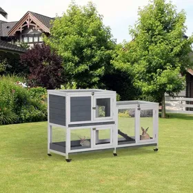 Comparer les prix de Clapier intérieur bois avec roulettes 2 étages rampes - dim. 147L x 455l x 885H cm - gris et blanc