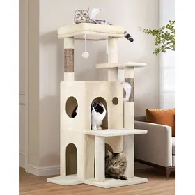Meilleurs prix pour Arbre à chat solide - JOZSI - 127 cm de hauteur - Beige - Grande base 60x55 cm - Niches et perchoirs