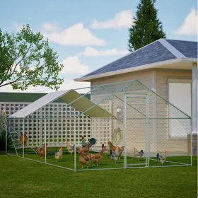 Meilleurs prix pour Poulailler Volière Extérieure avec Toit PVC Porte Verrouillable et Perchoir en Métal Gris - UVRION 303 × 600 × 200 cm