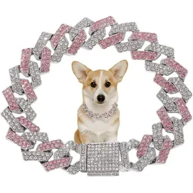 Meilleurs prix pour Collier pour chien en strass - MICH - Rose - Chaîne cubaine - 8 pouces - Non réglable - Alliage de zinc