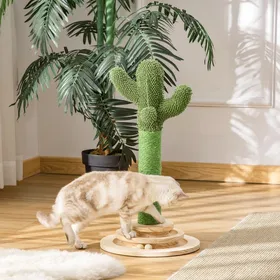 Comparer les prix de Arbre à chat griffoir forme de cactus en sisal naturel pompon suspendu et plateforme de jeu boules Ø 32 x 60 cm vert
