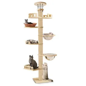 Meilleurs prix pour Arbre à chat Extérieur Intérieur Hauteur réglable 6 niveaux enveloppé de chanvre 305*34cm Moderne et élégant couleur du bois