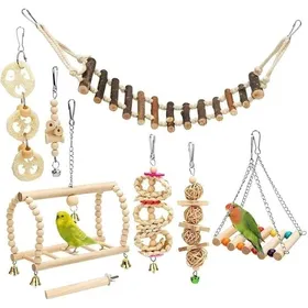 Meilleurs prix pour Jouets pour oiseaux - Ensemble de jouets pour perroquets - Ensemble de 8 pièces - Bois naturel - Comprend une balançoire un bloc à