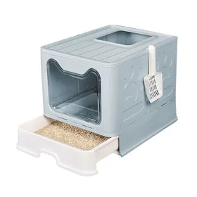 Meilleurs prix pour Bac à Litière pour Chat avec Couvercle - Bac de Tiroir et Pelle à Litière - Pliable - 41x51x38 cm - Bleu