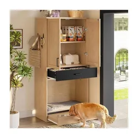 Meilleurs prix pour Armoire multifonctionnelle pour animaux 79x40x160 cm Buffet haut avec gamelle panier pour chien Meuble entree en chêne