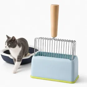 Meilleurs prix pour Pelle à litière chat en métal inox avec manche bois naturel support inclus grille rigide anti-corrosion