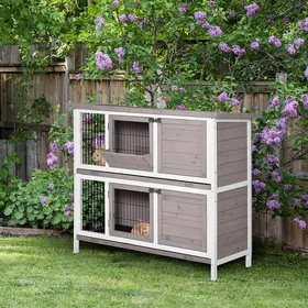 Meilleurs prix pour Cage à lapin en bois massif clapier 2 niveaux toit ouvrant avec auge plateaux coulisants 4 portes 122 x 50 x 101 cm gris blanc