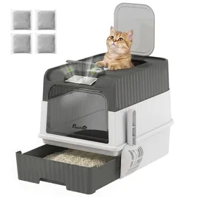 Comparer les prix de Bac à litière fermé – Tiroir coulissant et charbon actif – Pour petits chats ≤4kg – 48x35x36cm Gris