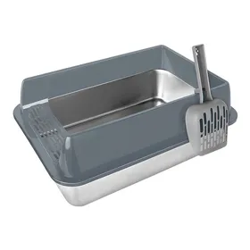 Comparer les prix de XJING-Bac à litière pour chat en acier inoxydable-Bac à litière ouvert-Avec pelle-Grande capacité-50*35*24cm-Gris