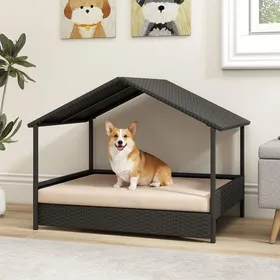 Meilleurs prix pour GIANTEX Lit pour Chien en Rotin PE avec Coussin-Toit en Pente-Ventilé&Imperméable-Extérieur&Intérieur-Charge 60 kg-98x68x74cm-Beige
