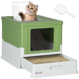 Comparer les prix de Bac à litière pour chat - PawHut - pliable - double porte battante et supérieure - pelle + tiroir à litière - vert avocat blanc