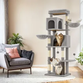 Meilleurs prix pour Arbre à Chat 175 cm 2 Paniers 2 Niches 5 Griffoirs Toilettage Autonome Hamac Perchoir Gris