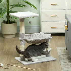 Comparer les prix de Arbre à chat 3 griffoirs grattoirs sisal naturel plateforme hamac et boule suspendue 50 x 26 x 70 cm peluche courte gris