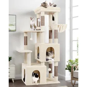 Meilleurs prix pour Arbre à chat beige - JOZSI - 156 cm de hauteur - 2 grandes niches 45x40x35 cm - Plateforme rembourrée 45x40 cm