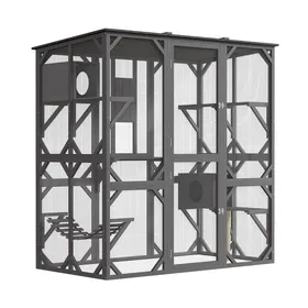 Comparer les prix de Grand Catio de 7 po avec accès à la fenêtre et toit en asphalte pont 4 plates-formes et hamac pour chats patio en bois gris