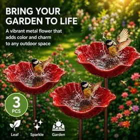 Comparer les prix de Lot de 3 Bains dOiseaux Extérieur Rouge Vasque Jardin sur Pied Abreuvoir et Mangeoire Oiseaux Décoration Jardin