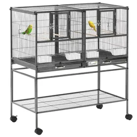 Meilleurs prix pour Grande Cage à Oiseaux pour Perruches Canaris avec Séparateur et Tiroir Amovible - Métal et Bois - 95 x 455 x 102 cm - Noir Gris
