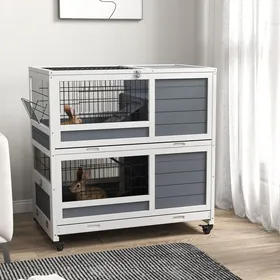 Meilleurs prix pour Clapier en bois dintérieur sur roulettes 2 niveaux 2 plateaux coulissants porte verrouillable 90L x 53l x 97H cm