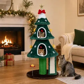 Comparer les prix de COSTWAY Arbre à Chat Sapin de Noël Tour d’escalade Pour Chat Avec 2 Niches Spacieuses Griffoir en Sisal et Jouets 60x60x137 5cm