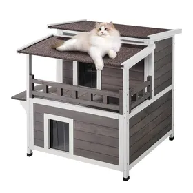 Meilleurs prix pour Maison pour Chat D'extérieur Résistante aux Intempéries-VEVOR-750x751x820mm-Abri Spacieux en Bois à Deux Niveaux pour Chats