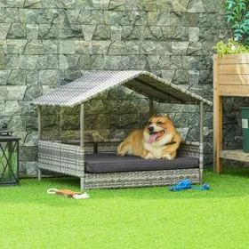 Comparer les prix de Corbeille - Coussin Maison niche chien rotin gris 69x98x70cm-Panier coussin inclus - Structure acier/plastique - Résistant