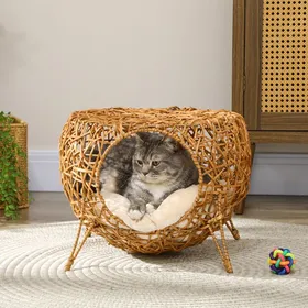 Meilleurs prix pour Niche Panier Rotin Coussin Épais Marron Clair Ø 40x32cm Style Naturel pour Chat