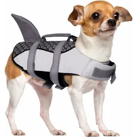 Meilleurs prix pour Gilet de sauvetage pour chien à motif requin avec poignée et bande réfléchissante pour chiens de toutes tailles idéal pour les ac