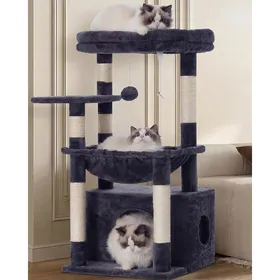 Comparer les prix de Arbre à Chat Grand Bois Panier Couchette Cachée Griffoir Sisal Balle Peluche Tour Multi-Niveaux 127 cm Gris Foncé