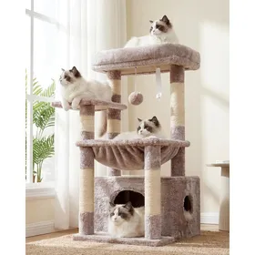 Meilleurs prix pour Arbre à Chat Grand Bois à Griffer Sisal Marron Beige Multi-Niveaux Couchette Cachée Balle Peluche Meuble Chat Anti-Rayure
