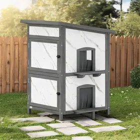 Meilleurs prix pour Maison pour chat dextérieur 60x60x88 cm à deux niveaux bois épicéa blanc et soft gray