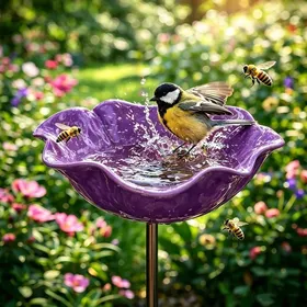 Meilleurs prix pour Bain doiseaux abreuvoir abeilles en métal violet – motif fleur résistant intempéries décoration artisanale élégante pour jardin