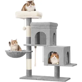 Meilleurs prix pour Arbre a Chat Petit Arbre à Chat de 95 cm Spacieux et StableFond Réglableavec Grande Plateforme SouplePomponsPanierGris Clair