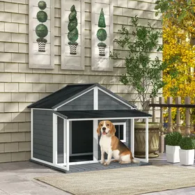 Comparer les prix de Niche pour Chien Extérieur avec Terrasse et Toit Bitumé Bois 124 x 112 x 105 cm Gris