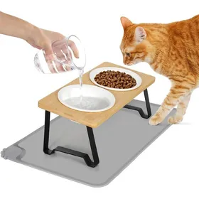 Meilleurs prix pour Gamelle chat surélevée 2 bols céramique + support incliné 15° + tapis antidérapant