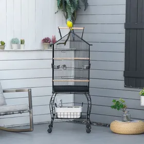 Meilleurs prix pour Cage à oiseaux sur support 50 x 58 x 137-145 cm noir roues plateau amovible et mangeoires pour canaris et perruches
