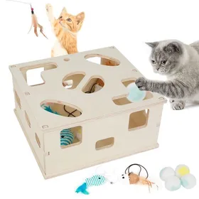 Comparer les prix de Jouets interactifs pour chat - Boîte à jouets pour chat avec plume et balle interactive - Bois - 28*26*13.8cm