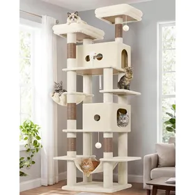 Meilleurs prix pour Arbre à chat XXL - JOZSI - 204 cm de hauteur - 2 niches 50x30x30 cm - 5 niveaux - Beige - Plateformes rembourrées