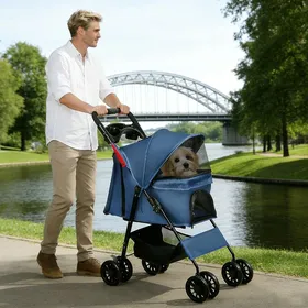 Comparer les prix de SUPFINE Poussette pour Animaux - Poussette Chien Chat Pliante - avec Fenêtre en Maille Porte-Gobelet - 34 × 61 × 99 cm - Bleu
