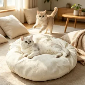 Meilleurs prix pour Lit rond chat peluche 45cm beige coussin épais confort lavable antidérapant repos chat domestique